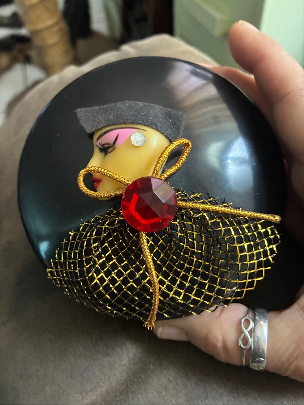 Vintage Harlequin on Powder Box From The 1940’s can use for trinkets, jewelry+
